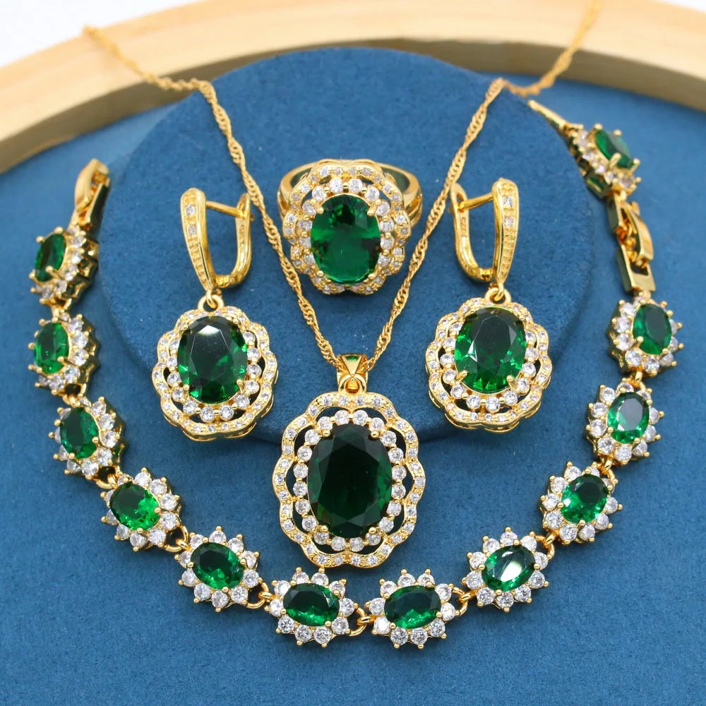 XOTICA Dubai Bridal Wedding Jewelry Sets for Women Gold Plated Rainbow Necklace Earrings Bracelet Ring Set