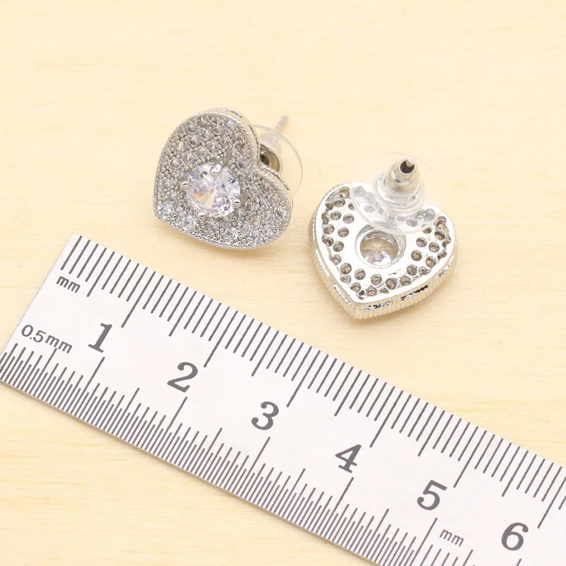 XOTICA Women's Silver Color Wedding Sets White Zirconia Heart-Shape Pendant Necklace Stud Earrings Rings for Parties Engagements