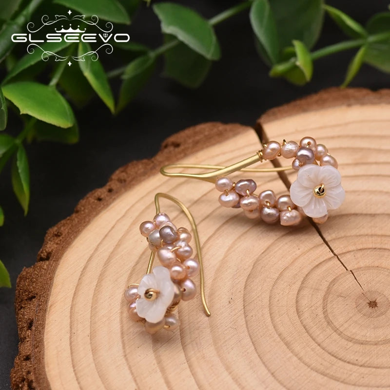 Fashion Natural Purple Pearl Drop Earrings for Women Luxury Jewelry Flower Shape Handmade Korean Earrings