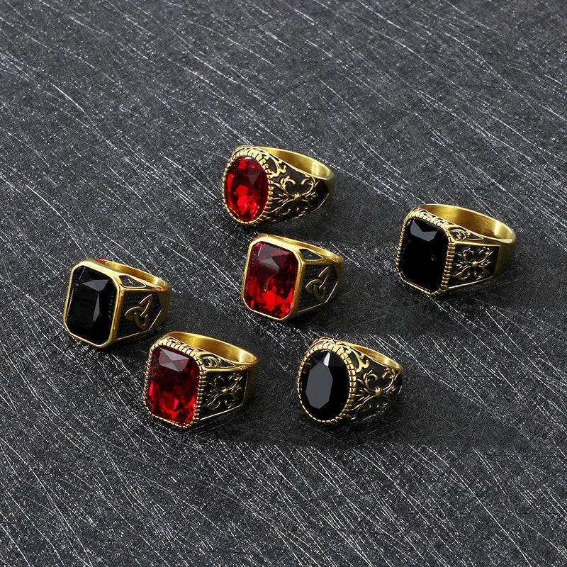 Kalen Vintage Viking Jewelry Luxury Court Style Gemstone Carved Zircon Inlays Stainless Steel Men Rings