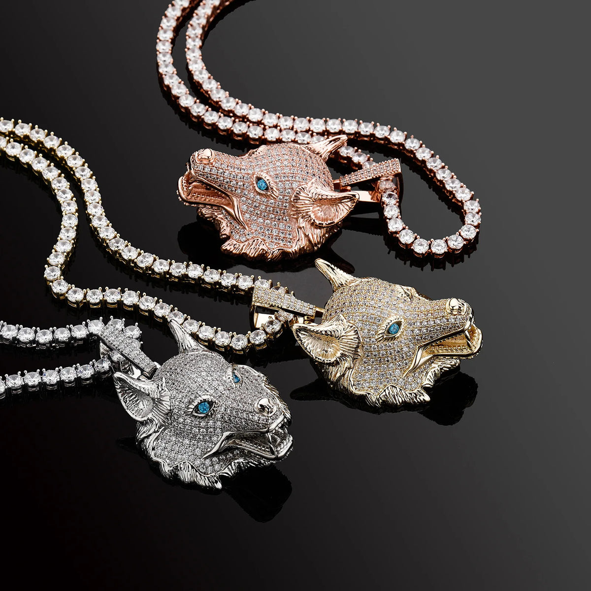 Wolf Head Phone Jewelry on the Back New European and American Hip Hop Zircon Pendant 14K Gold Jewelry