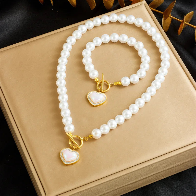 Women's French Vintage Design Pearl Chain Gold-plated OT Clasp Stainless Steel Scallop Starfish Pendant Bracelet Necklace Set