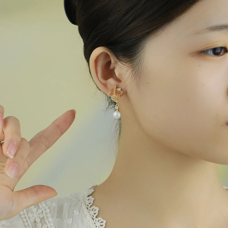 Natural Freshwater Pearl Leaf-Shaped Zircon Crystals Pendant Earrings Fashion New Design Earrings for Women'S Jewellery GE1751