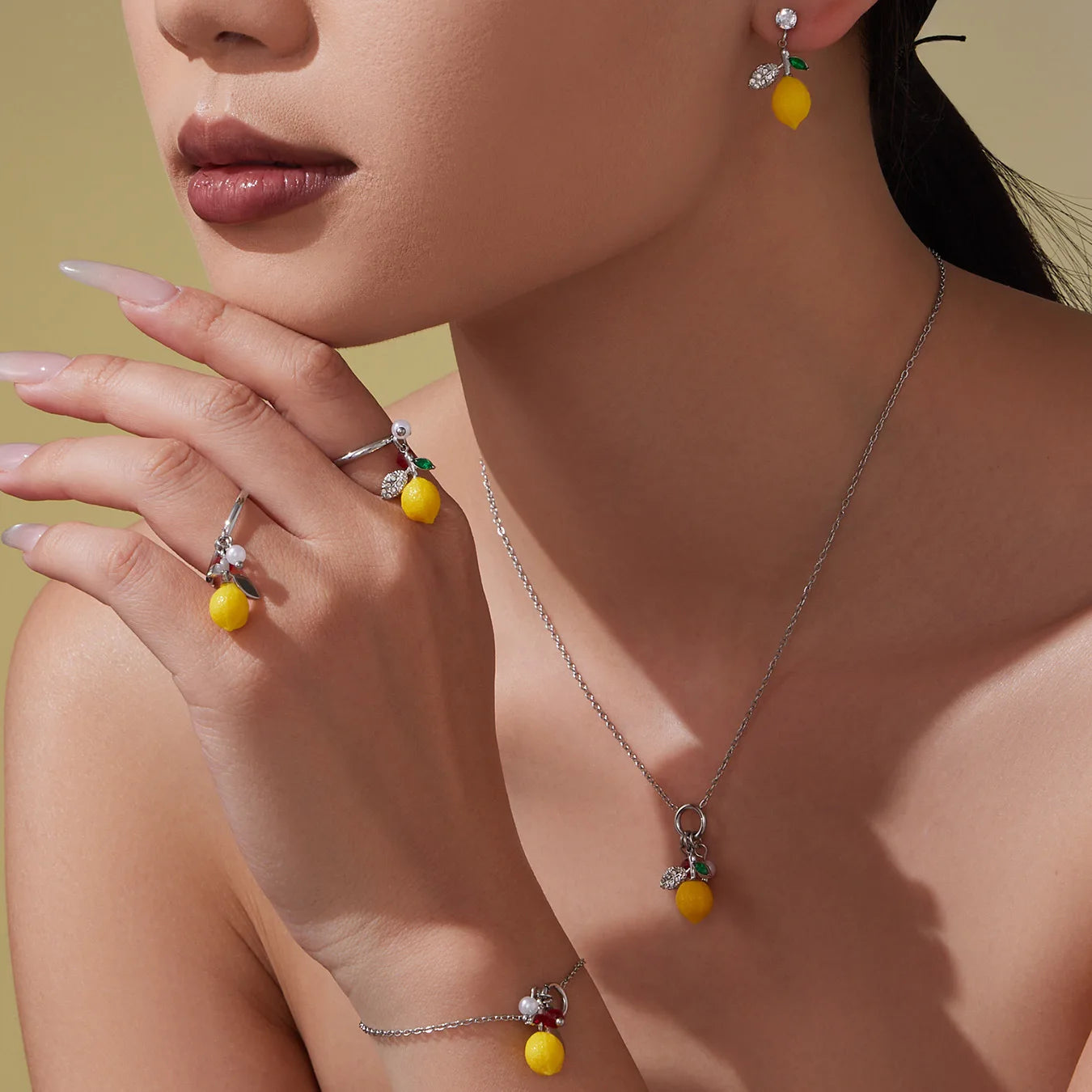 Lemon Fruit Zircon Jewellery Collection | Necklace, Earrings, Bracelet & Ring | Gold & Silver
