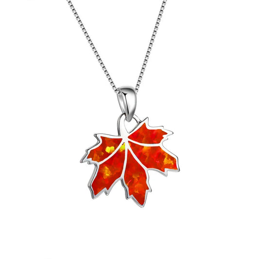 Hot Selling Copper Christian Opal Inlaid Maple Leaf Plant Pendant Silver Plated Autumn-Inspired Dainty Sweater Chain Necklace