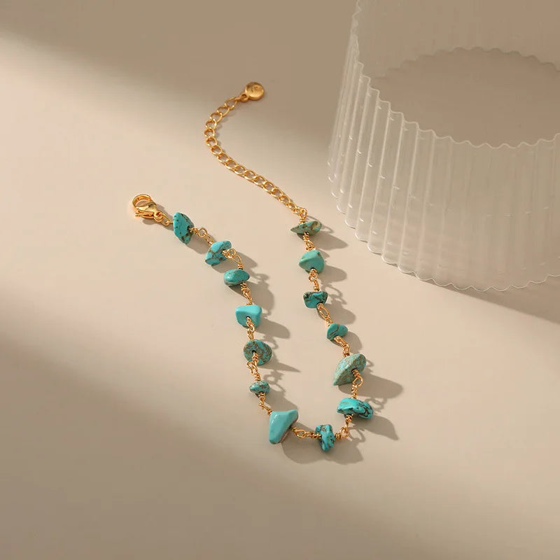 Bohemian Gravel Natural Raw Stone Chips Bracelet Anklets 22CM Crystal Amethyst Rose Quartz Turquoise Gold Plated for Women Gift