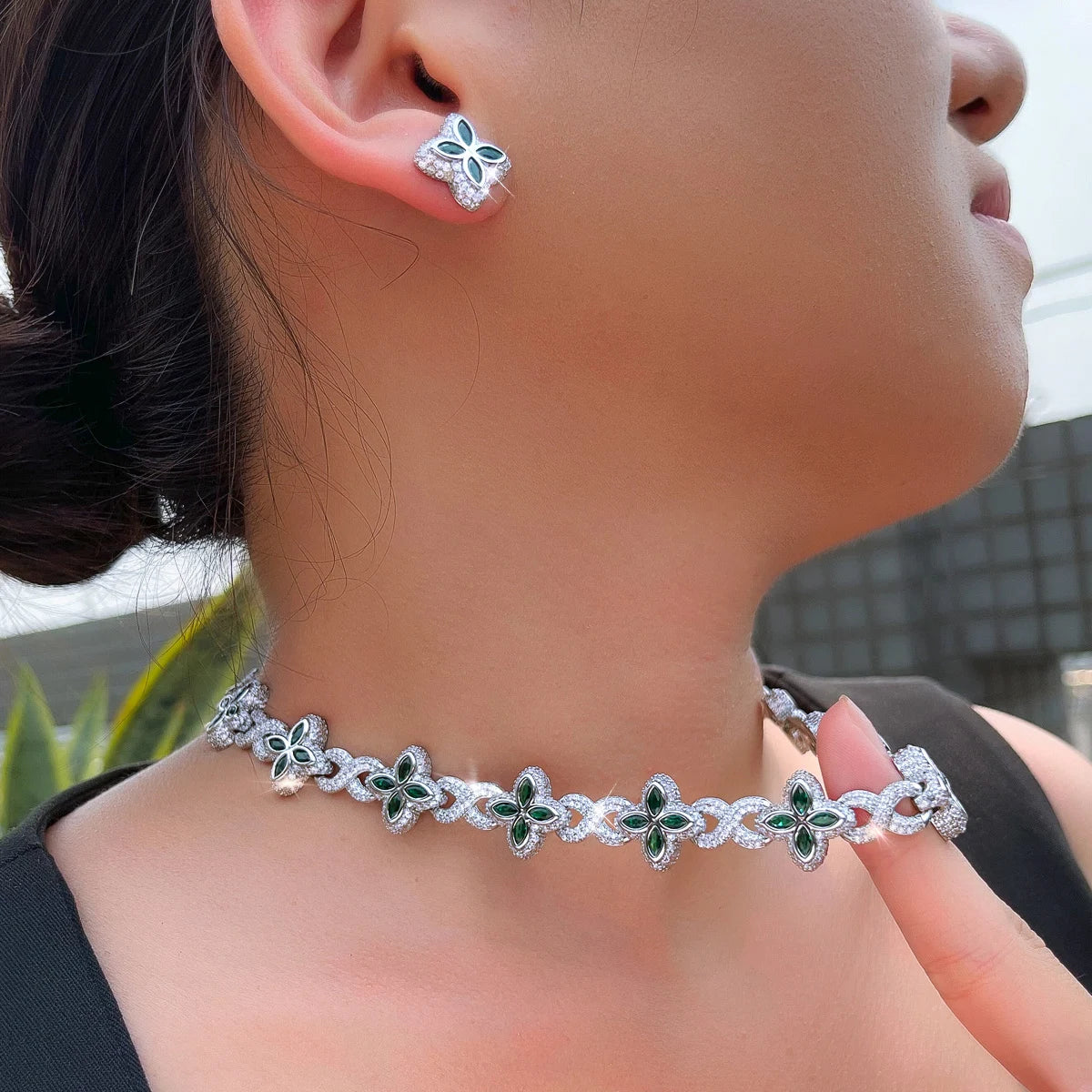 Hip Hop Jewelry Sapphire Blue 4 Leaf Clover Flower Necklace and Earrings Cubic Zircon Cuban Link Chain Jewelry Set for Women Man
