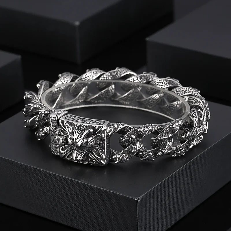 VIKING Mens Punk Wolf Pattern Link Bracelet – Silver Stainless Steel