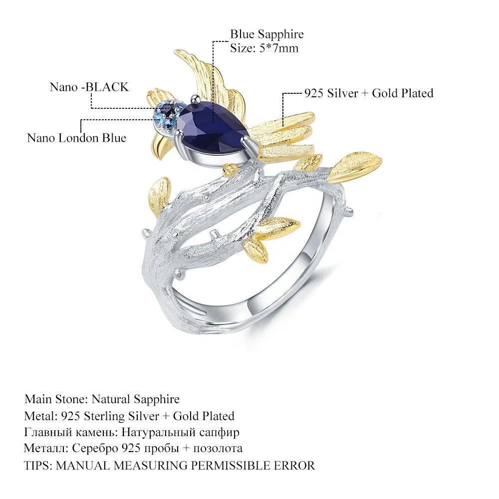 ArtistA C7771 Abiding Cute Natural Blue Sapphire Gemstone 925 Sterling Silver Animal Bird Ring Earrings Jewelry Set