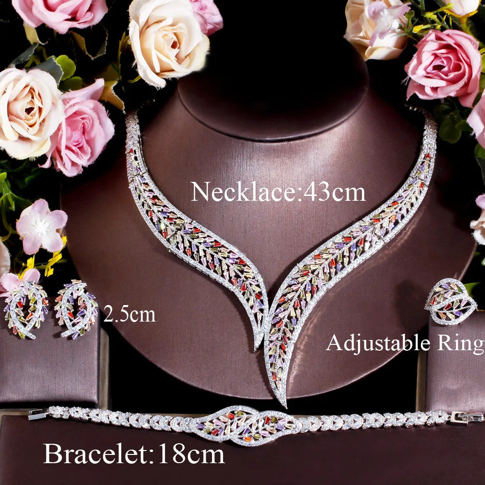 4Piece UAE Women Unique Leaf Shape African Multi Color CZ Necklace Earring Luxury Statement Wedding Party Jewelry Set for Brides