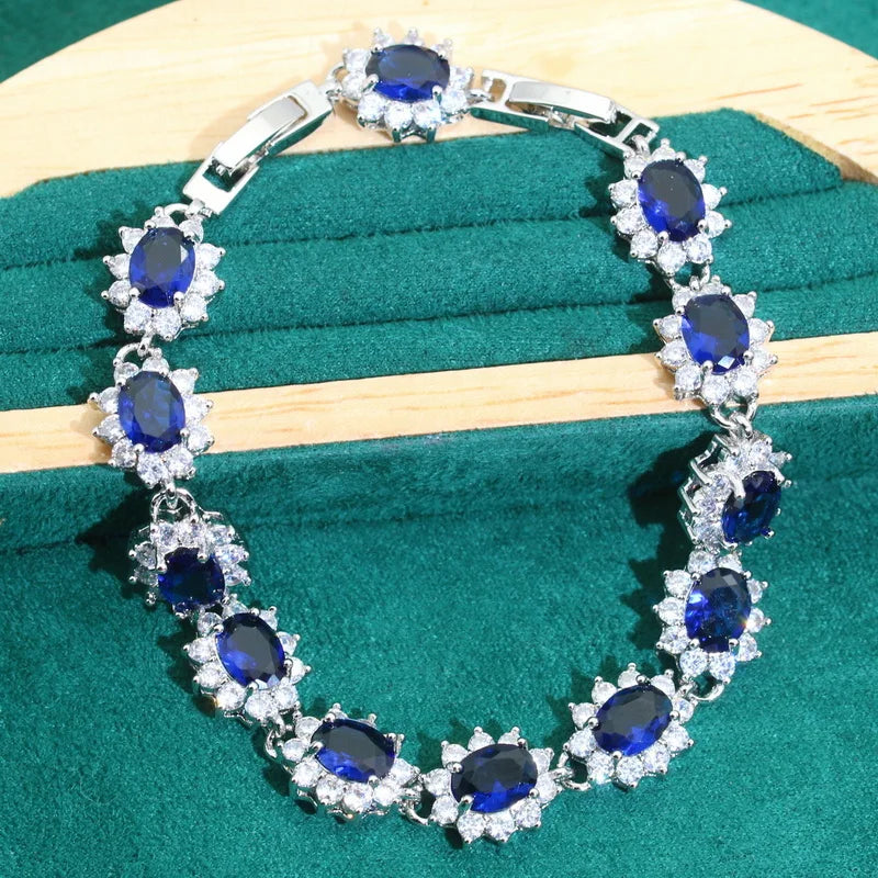 XOTICA Luxurious 925 Silver Jewelry Set for Women Blue Zircon Sapphire Earrings Necklace Pendant Ring for Wedding Birthday Gifts
