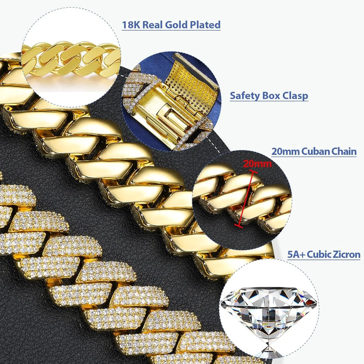 Fashion Mens Hip Hop Jewelry Gift Wholesale 20mm Gold Plated Brass 3 Rows AAAAA CZ Diamond Iced Out Cuban Link Chain Necklace