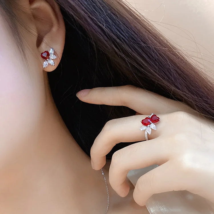 Gemfiori Vintage Heart Statement Earrings Studs Lab Grown Ruby Sterling Silver 925 Set for Women Christmas Gift