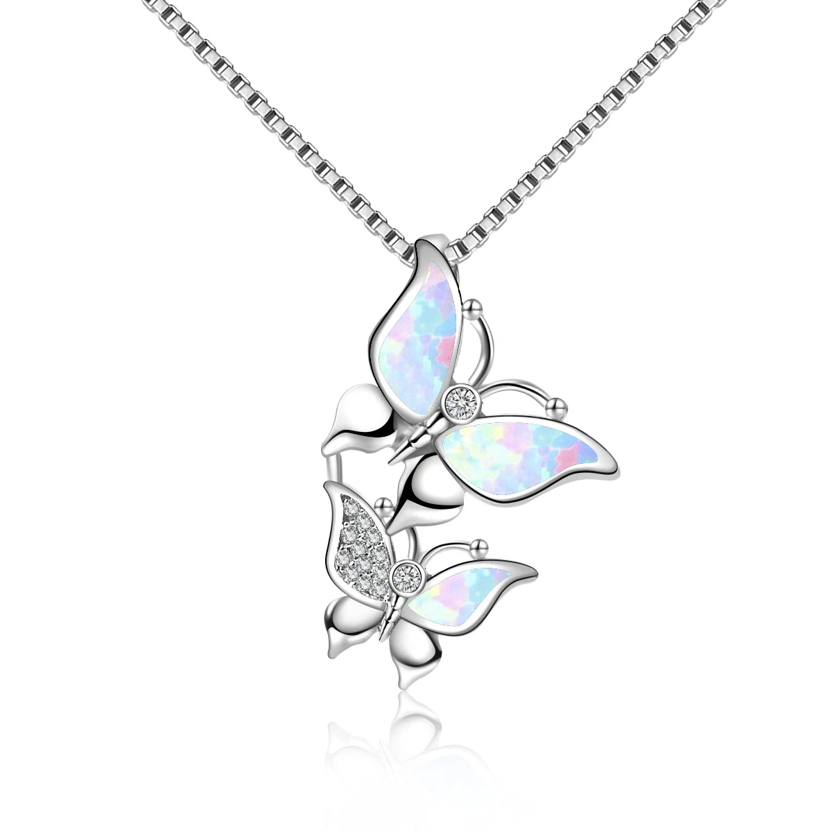 Fashion Double Butterfly Christian Lariat Necklace with Blue Opal Inlay Box Chain Silver Plated Copper for Women