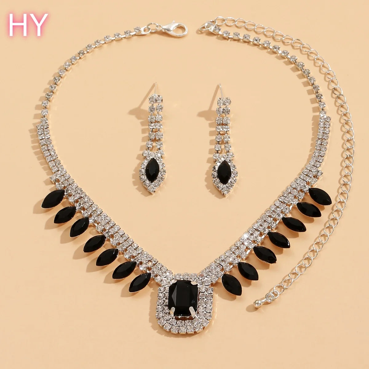 HY  Dinner Dress Crystal Rhinestone Jewelry Set Black Royal Blue Crystal Gemstone Drop Earrings Necklace Set for Women