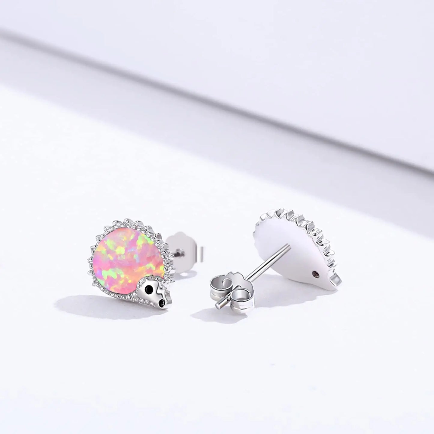 Whimsical Hedgehog Opal Stud Earrings - Iridescent Opal Body & CZ Spike Detail | Cute Daily Jewelry Bulk Gifts