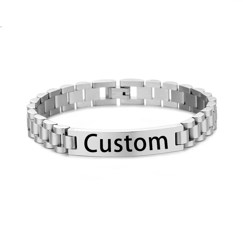 Wholesale Stainless Steel Custom Engraving Name Logo  Watch Band Chain Wristband ID Bracelets for Men