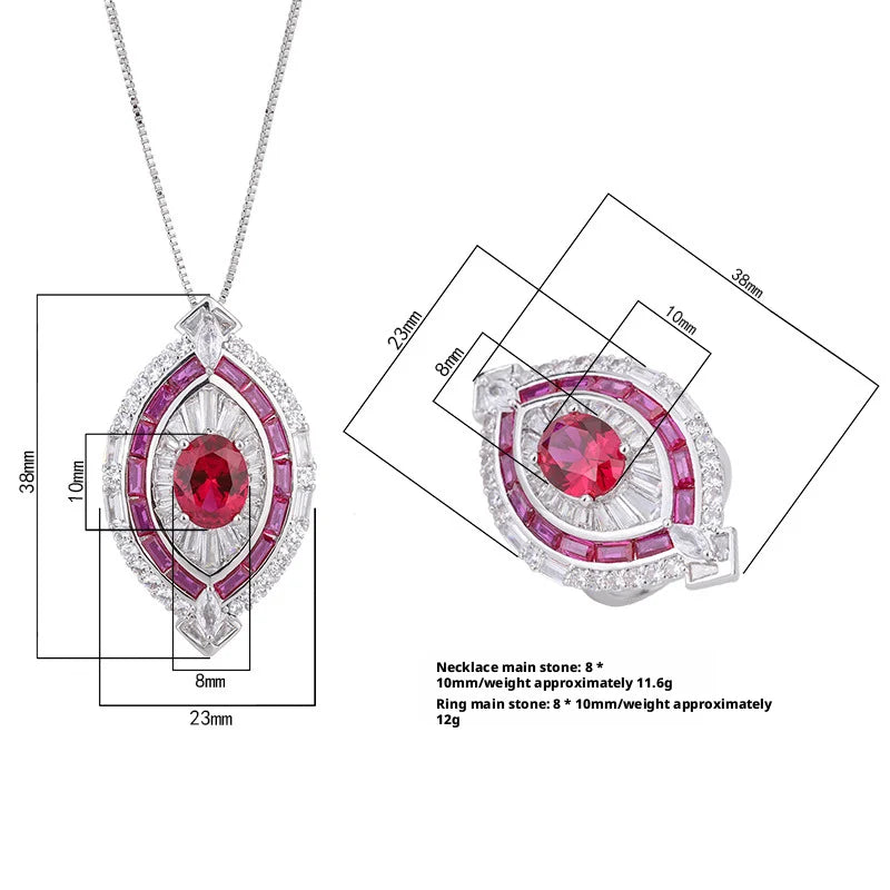 Fashion Jewelry Eco-friendly Copper 8*10MM Red Zircon Women's Insert Design Ring and Necklace Combo Set for Valentine's Day Gift