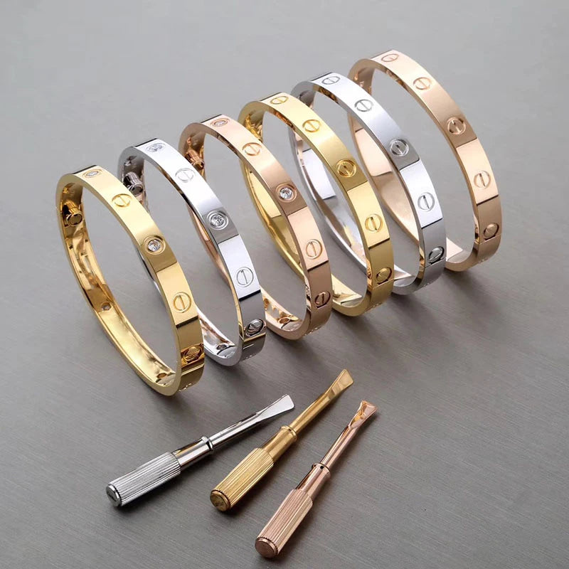 S&S Fashion Zircon Brand Screwdriver Screw Love 316L Stainless Steel 18K Gold Plated Bangle Bracelets for Women and Men