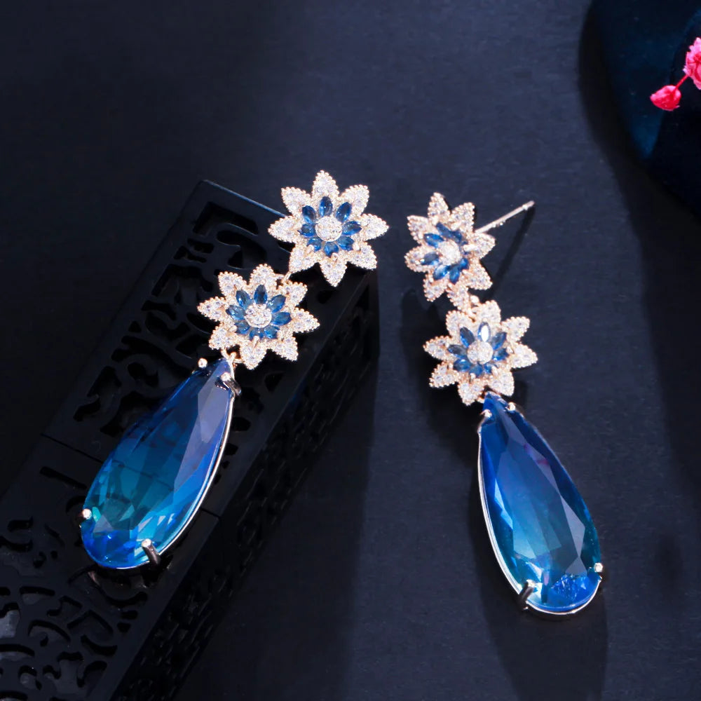 Beautiful Dangly Flower Blue Cubic Zirconia Crystal Long Big Water Drop Earrings for Women Wedding Bridal Gift Jewelry