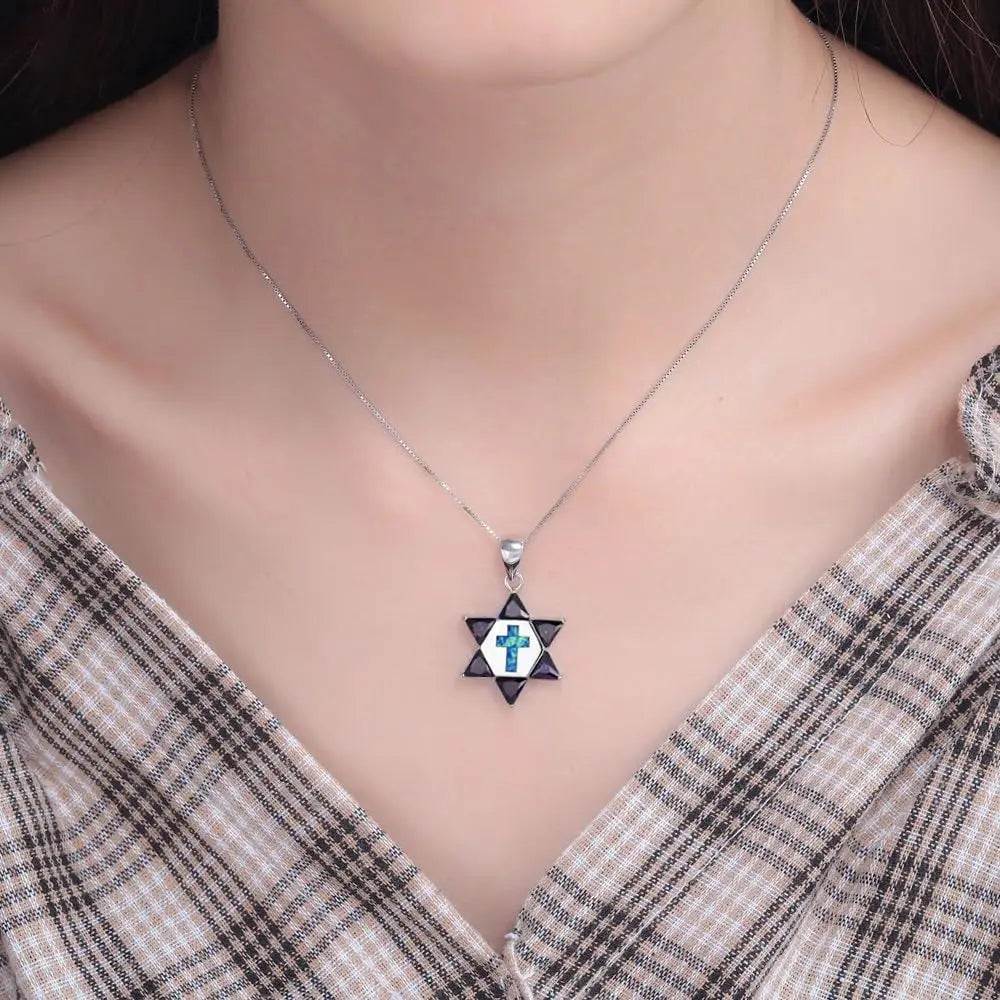 Hawaii Beach Zircon hexagonal Star Women's Lab Created Blue Silver Plated Copper Alloy Box Chain Necklace for Anniversary