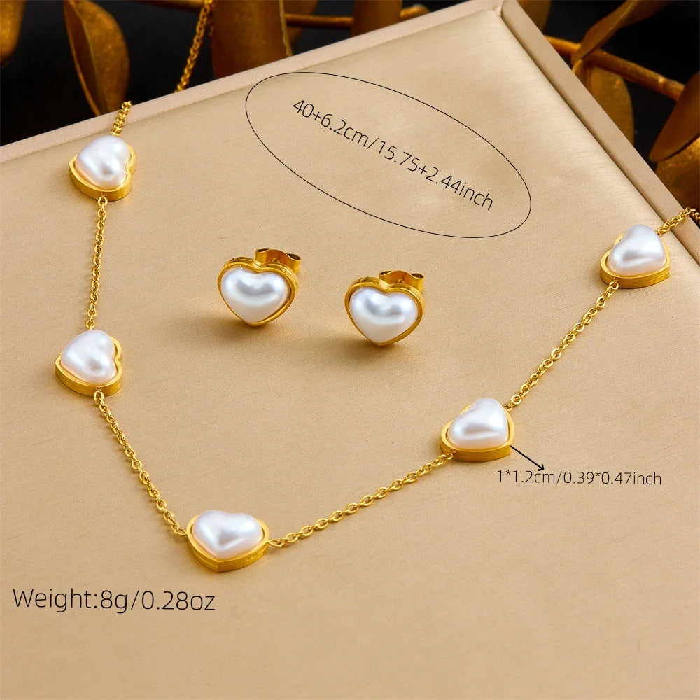Gold Pearl Heart Necklace, Earrings & Bracelet Jewellery Set | Elegant Fashion Set