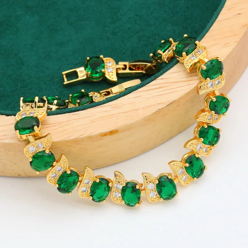 XOTICA Classic Gold Color Green Emerald Jewelry Set for Women Wedding Party Engagement Open Ring Bracelet Earrings Necklace Pendant
