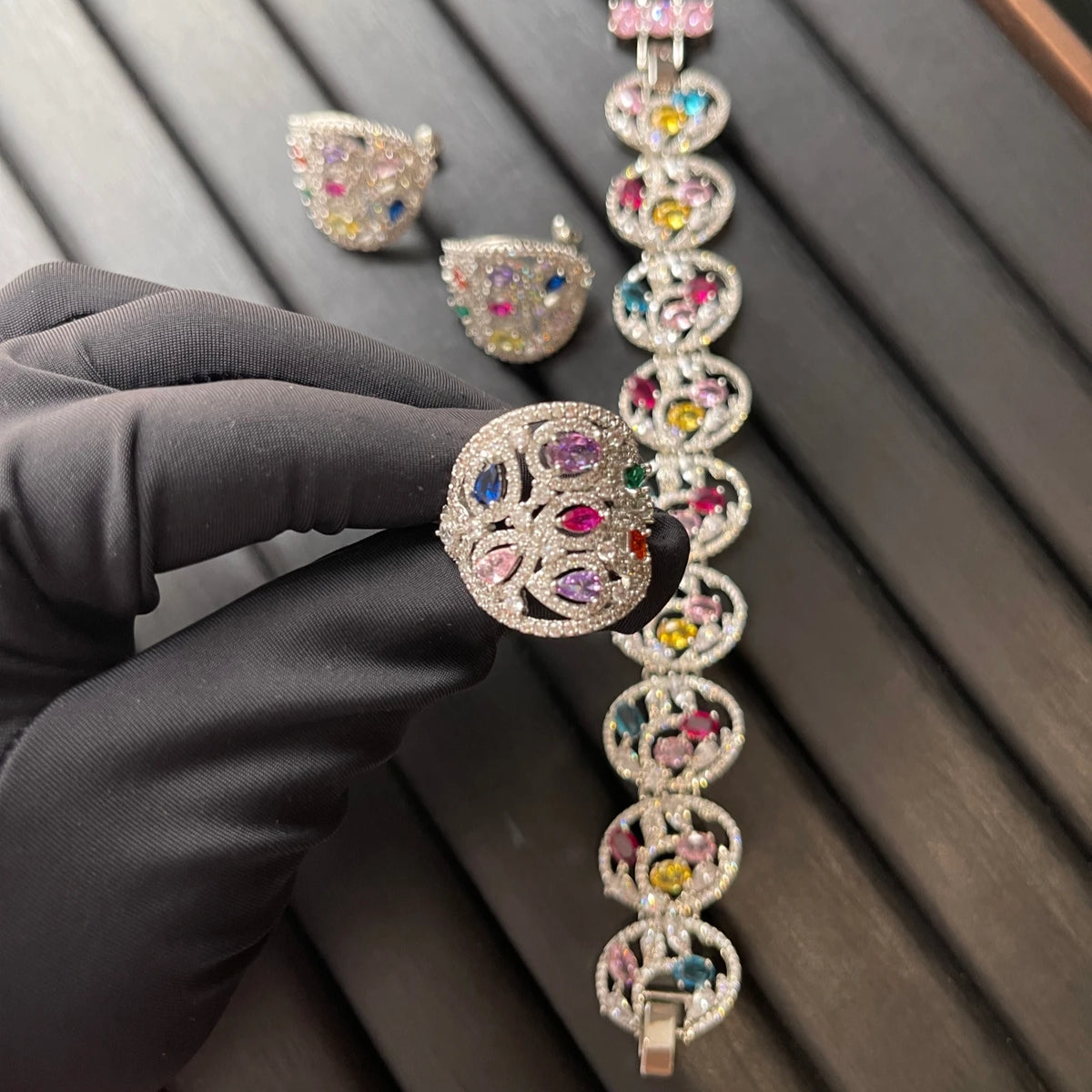 Gemfiori TIANSHE Luxury Colorful Hollow Flower Jewelry 3 Pcs Set Bracelets Ring & Earrings Ethnic Wedding Banquet Ornament for Women