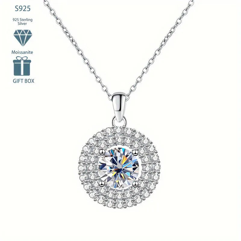 Dainty Double Halo Set Round Cut 1ct VVS GRA Colored Moissanite Jewelry Trendy 925 Sterling Silver Disc Pendant Necklace
