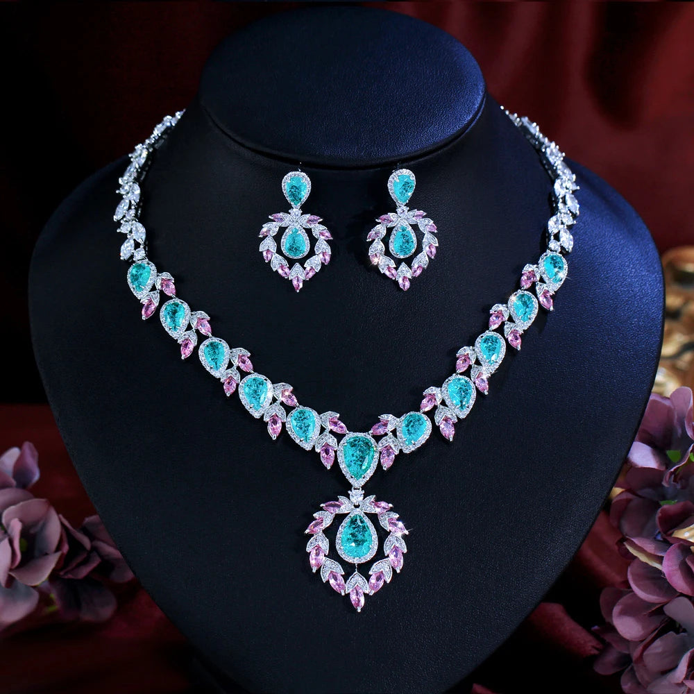 Bohemian Glamorous Necklace Earrings Shiny Light Green Ice Out Cubic Zirconia Wedding Party Jewelry Set for Women Anniversary