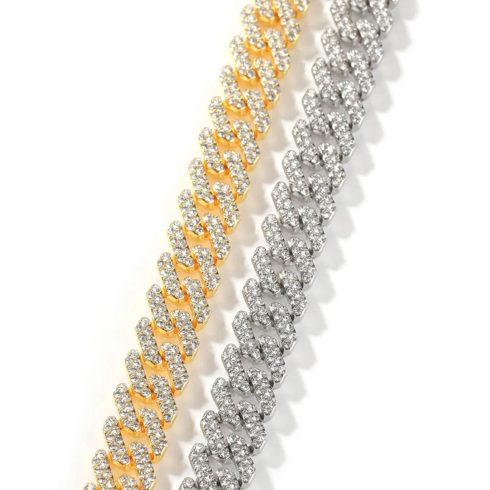 BiG-BOSS Men's Simple Geometric 12mm Crystal Rhinestone Link Chain Necklace and Bracelet Hip Hop Style Zinc Alloy Jewelry