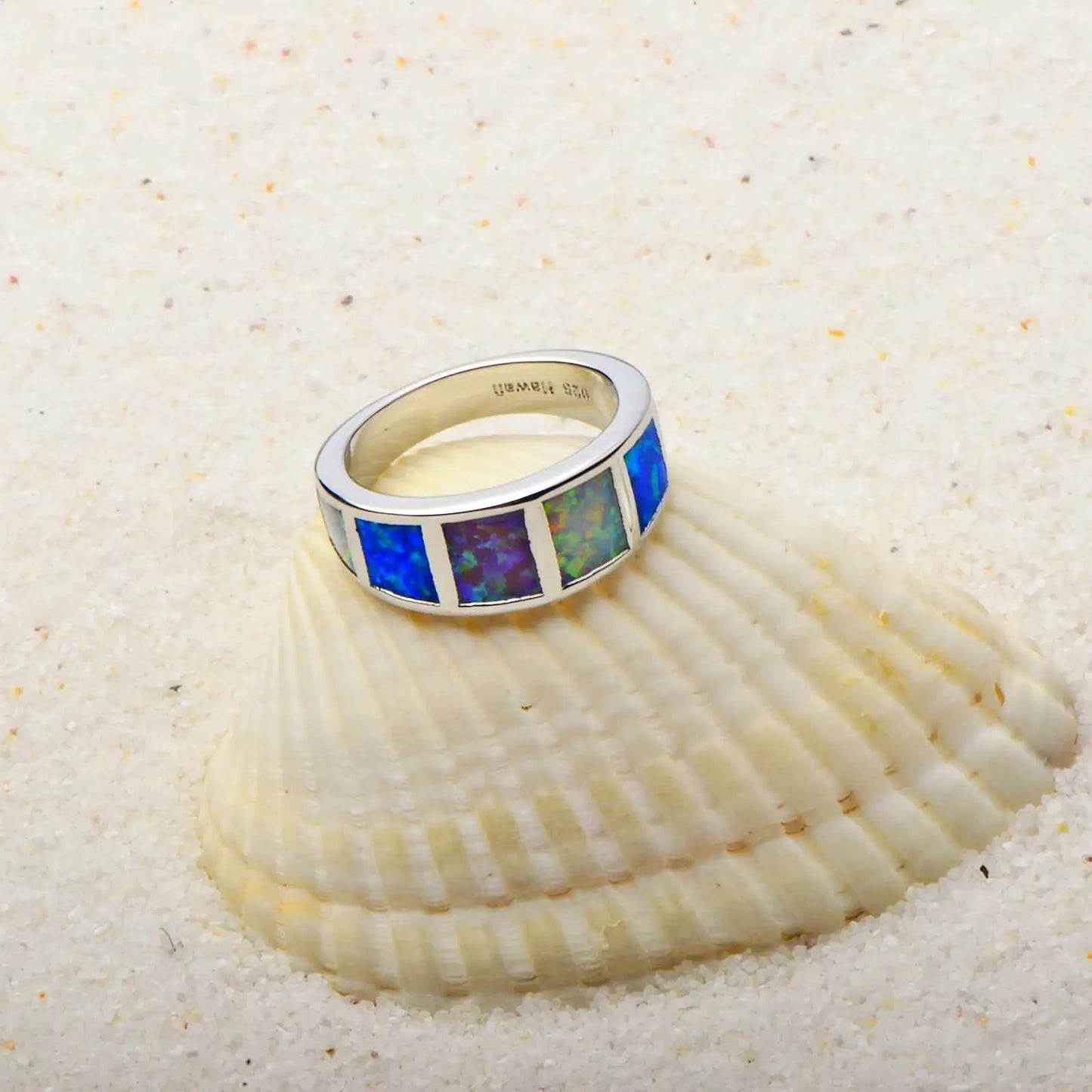 Iridescent Multi-Color Opal Striped Ring | Stainless Steel Shiny Band | Vibrant Rainbow Gem Inlay Fashion Jewelry for Men Women