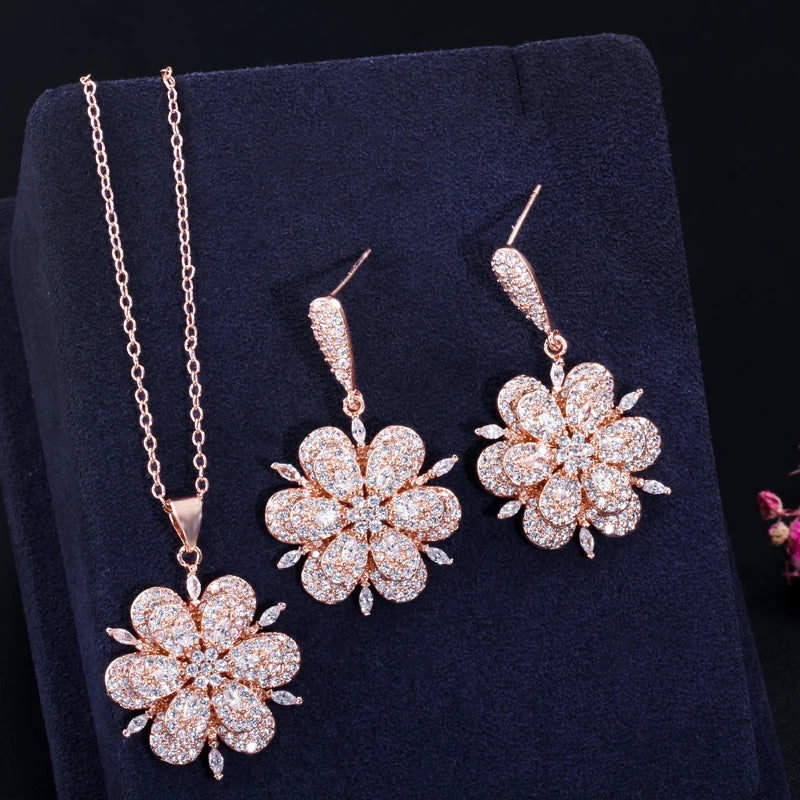 High Quality 3D Design Chic CZ Zirconia Crystal Rose Gold Color Flower Drop Earrings and Necklace Women Engagement Jewelry Sets