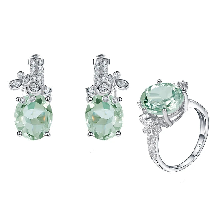 ArtistA Abiding High Grade Green Amethyst Gemstone White Cz Butterfly 925 Sterling Silver Earrings Ring Jewelry Set for Girlfriends