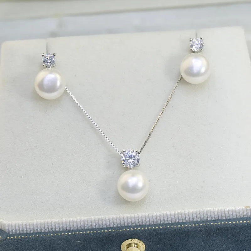 Fashion Natural Freshwater Pearl Real Pearl Jewellery Set Fresh Water Cultured Pearl Jewelry Set 925 Silver