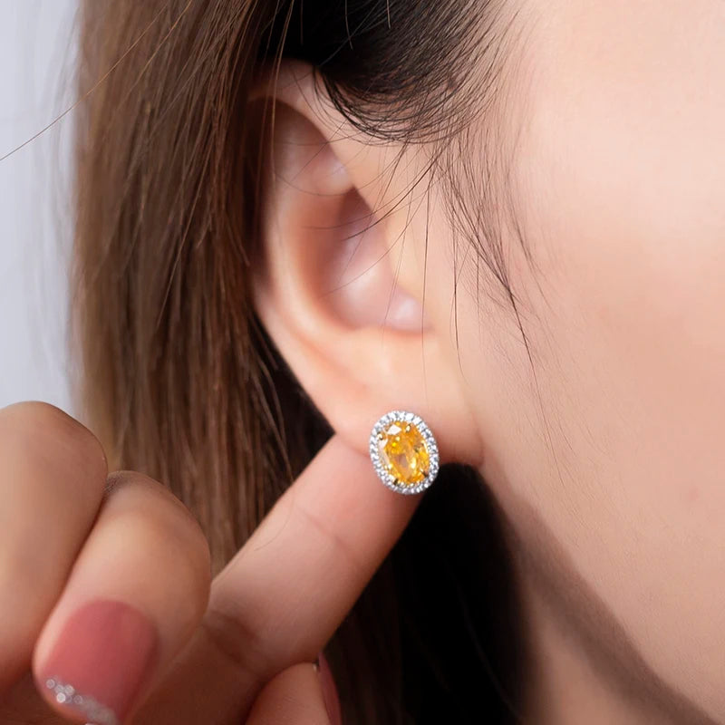 Messi Jewelry MSE-609 Silver Yellow Oval Cut Stunning High Carbon Cubic Zirconia Earrings Fancy Shape Engagement Gift for Lady