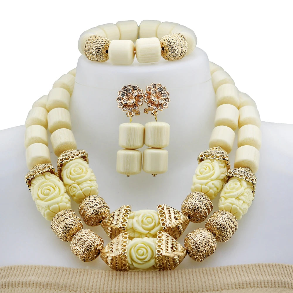 Zhuerrui Luxury Red Rose Carved Beaded Jewelry Set Nigerian Bridal Coral Necklace Earrings Set for Wedding Party YL1016