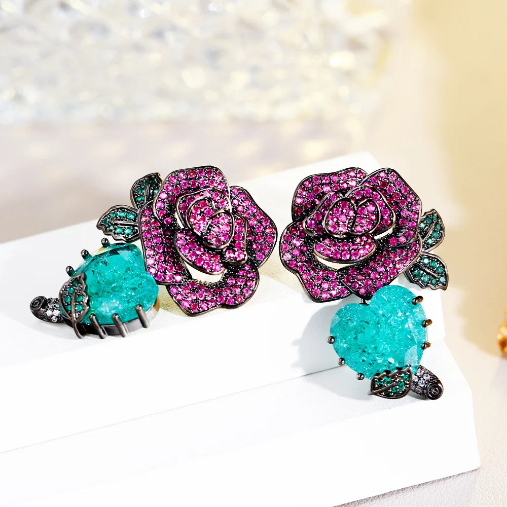 S&S Red Rose & Green Leaf CZ Dangle Drop Earrings – Black Gun Plated – Collection