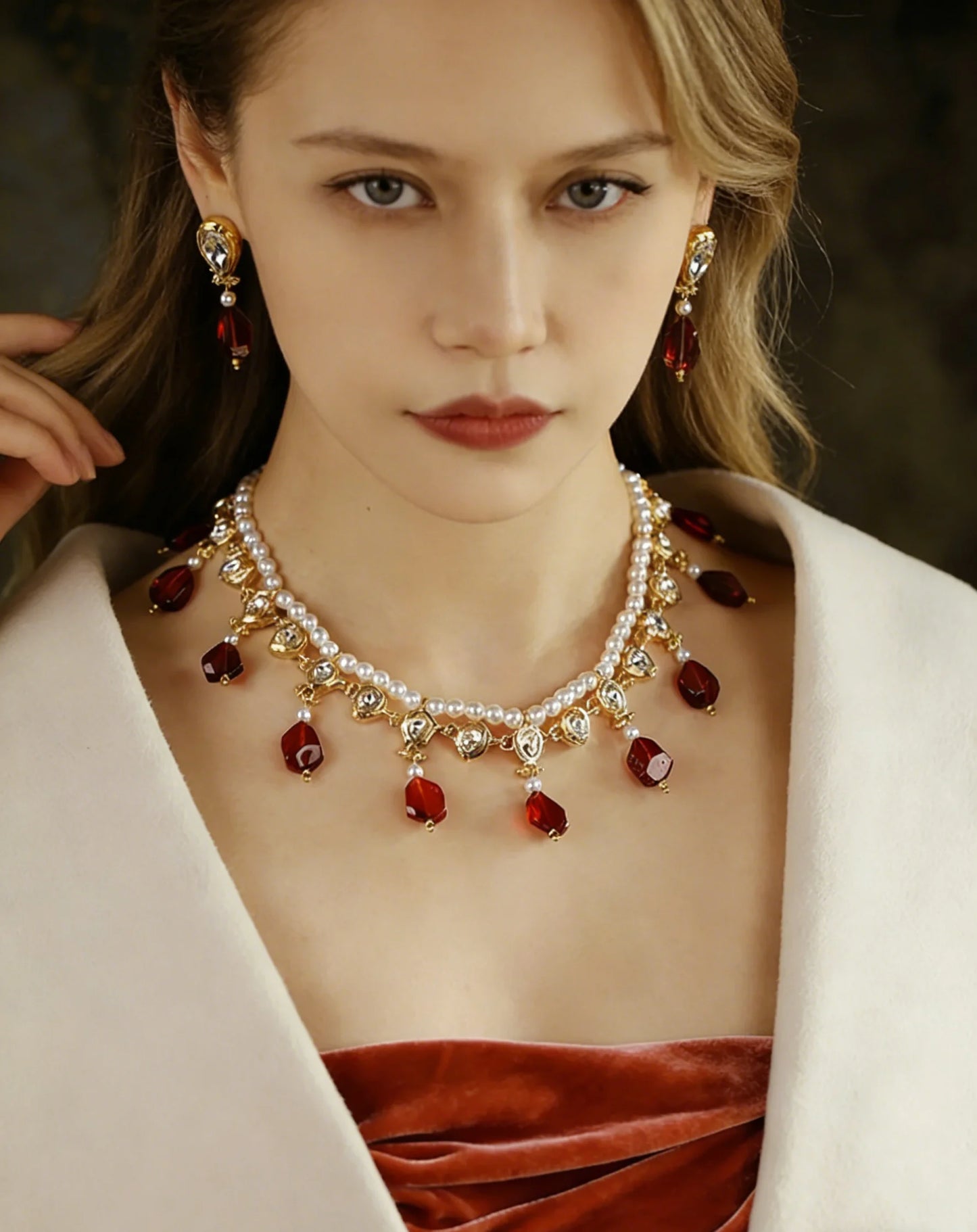 XM S140 Vintage Red Teardrop Gemstone Pearl Jewelry Set for Wedding Party and Formal Occasions