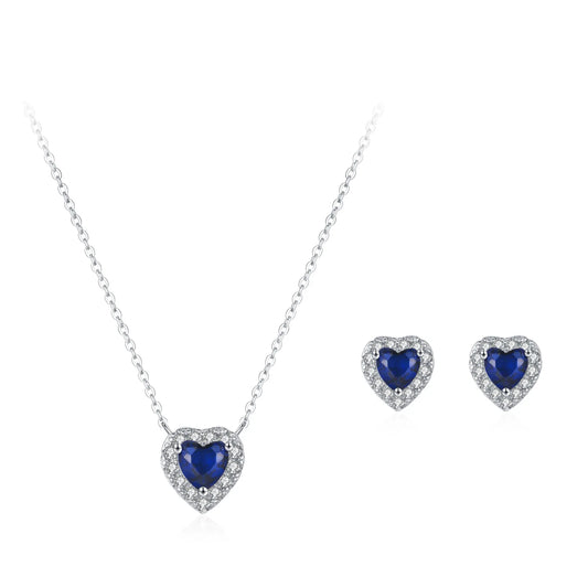 Retro 925 Sterling Silver Blue Ocean Heart Earring Necklace Sweet Fashionable Romantic Love Jewelry Set Gift Set