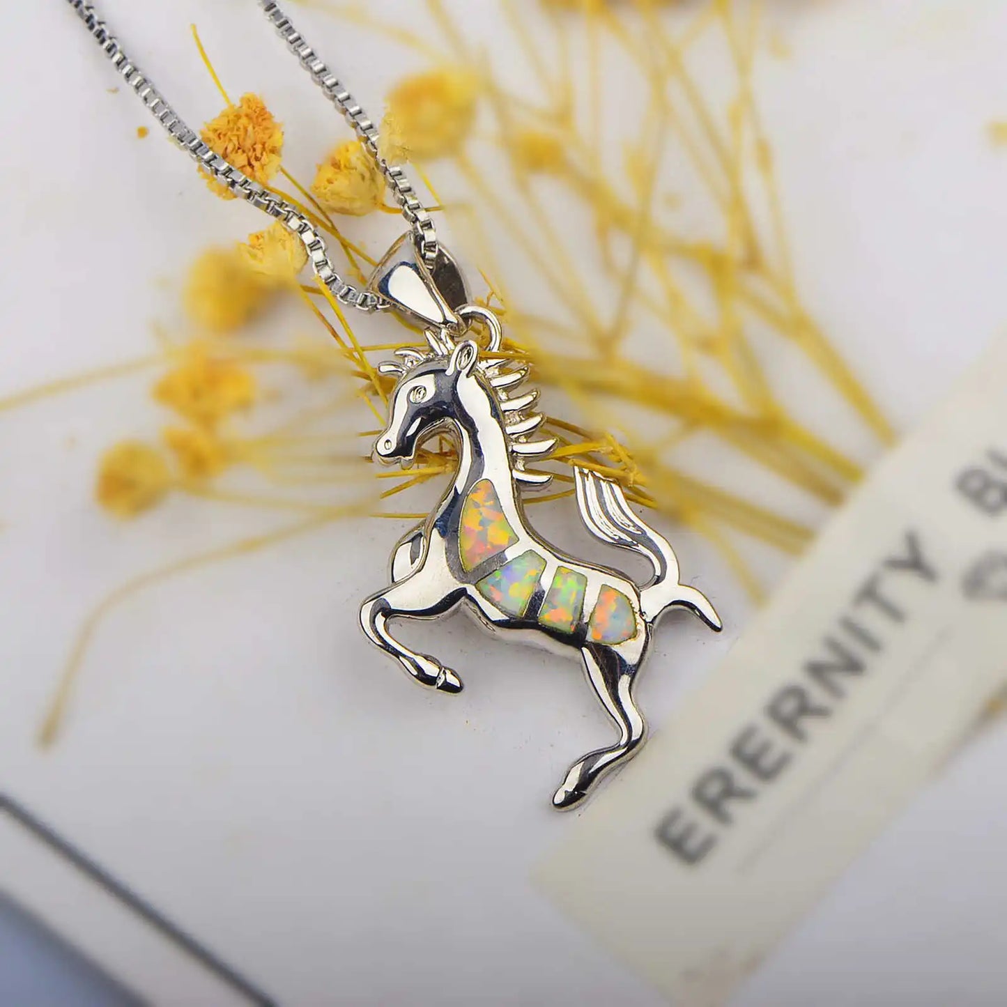 Delicate Western Horse Pendant-Copper Silver Plated White Opal Sweater Chain Link Chain Trendy for Women's Layering Look