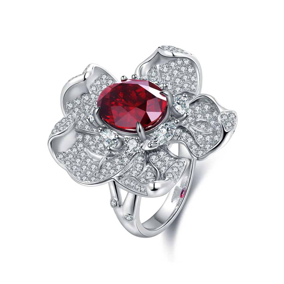 Gemfiori Anster Oval Shape 9k 10k 14k 18k Lab Created Ruby Flower Rings for Women Ring Trendy Style Jewelry