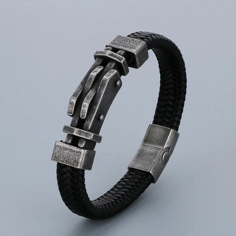 REBEL 210mm Vintage Premium Stainless Steel&Cowhide Leather Bracelet