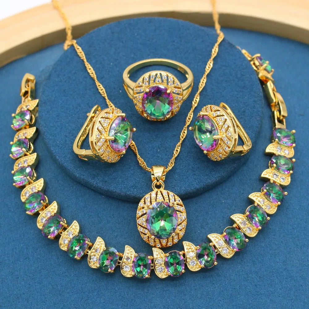 XOTICA Geometric Gold Plated Set for Women Rainbow Stones Alloy Bracelet Hoop Earrings Necklace Ring for Wedding Party Birthday Gift