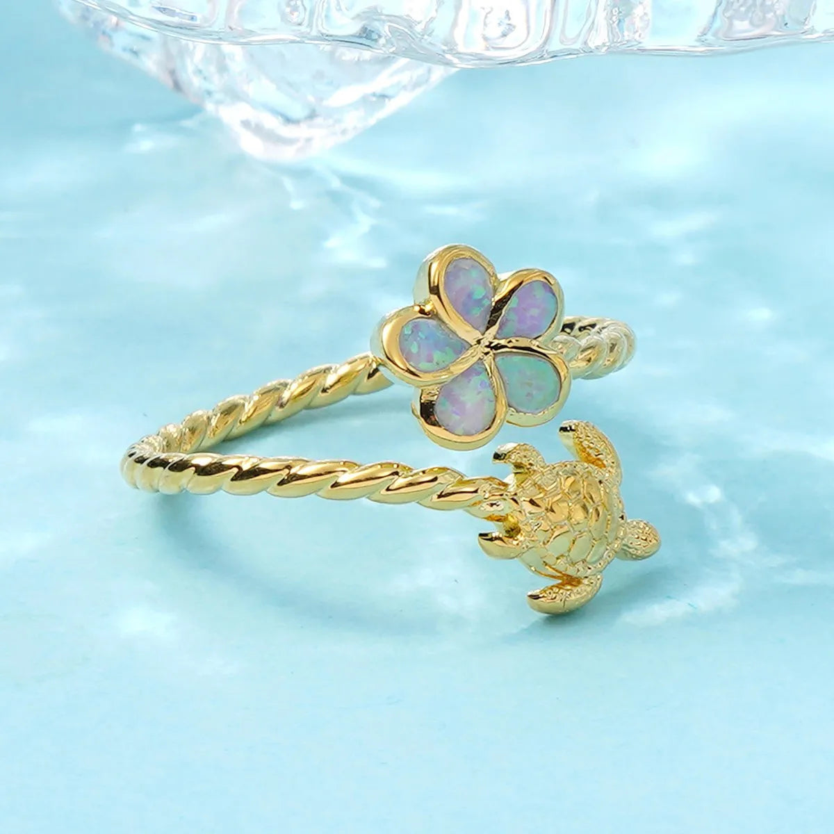 Gold Turtle & Opal Clover Ring | Twisted Band Animal Jewelry