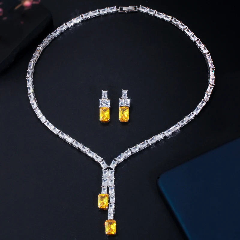 High Quality Shiny White Yellow Cubic Zircon Necklace and Earrings Party Wedding Jewelry Set for Women