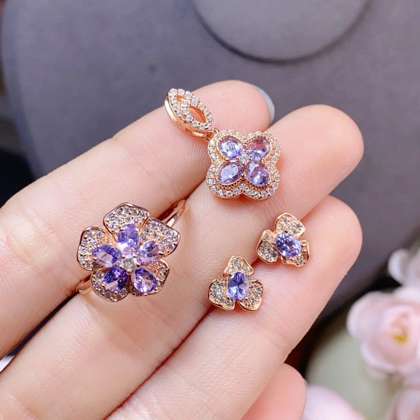 925 Sterling Silver Natural Tanzanite Set Ring Earring Necklace   Gold Plated Jewelry Set for Women