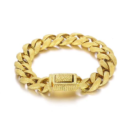 KALEN Men Retro 220mm Stainless Steel Grainy Surface Cuban Links Bracelet