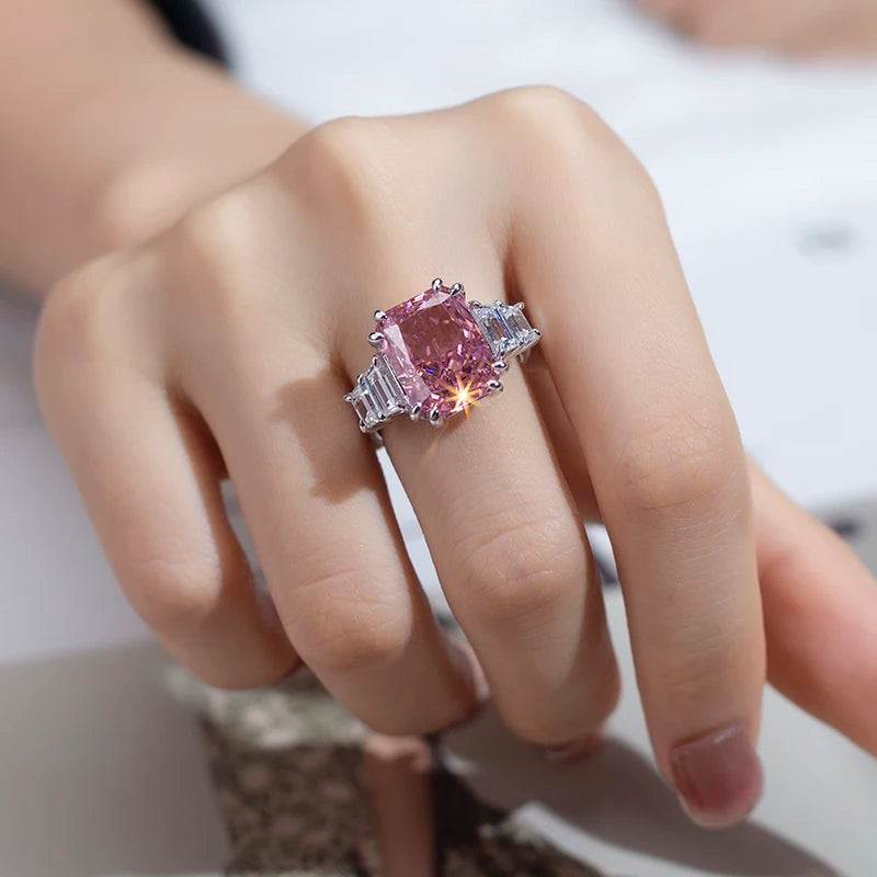 Messi Jewelry MSR-959 High Carbon Cubic Zircon Pink Diamond Ring Jewelry S925 Radiant Cut  Engagement Wedding Ring