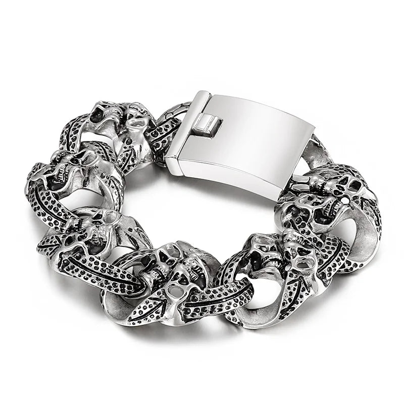 KALEN Mens Punk Style Fine Jewelry Fashion Bracelets Stainless Steel Bold Skull Links Bracelet